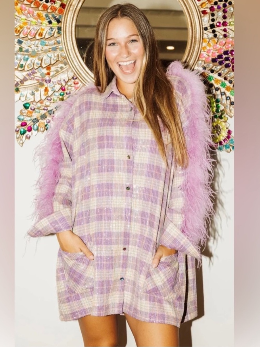 QUEEN OF SPARKLES Lavender Plaid Shift Dress with Pink Feather Trim - Picture 2 of 3